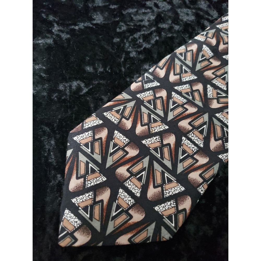 Martin Wong Napa Ca Neck Tie Mens Black Tan Geometric Silk USA Made Career Wear